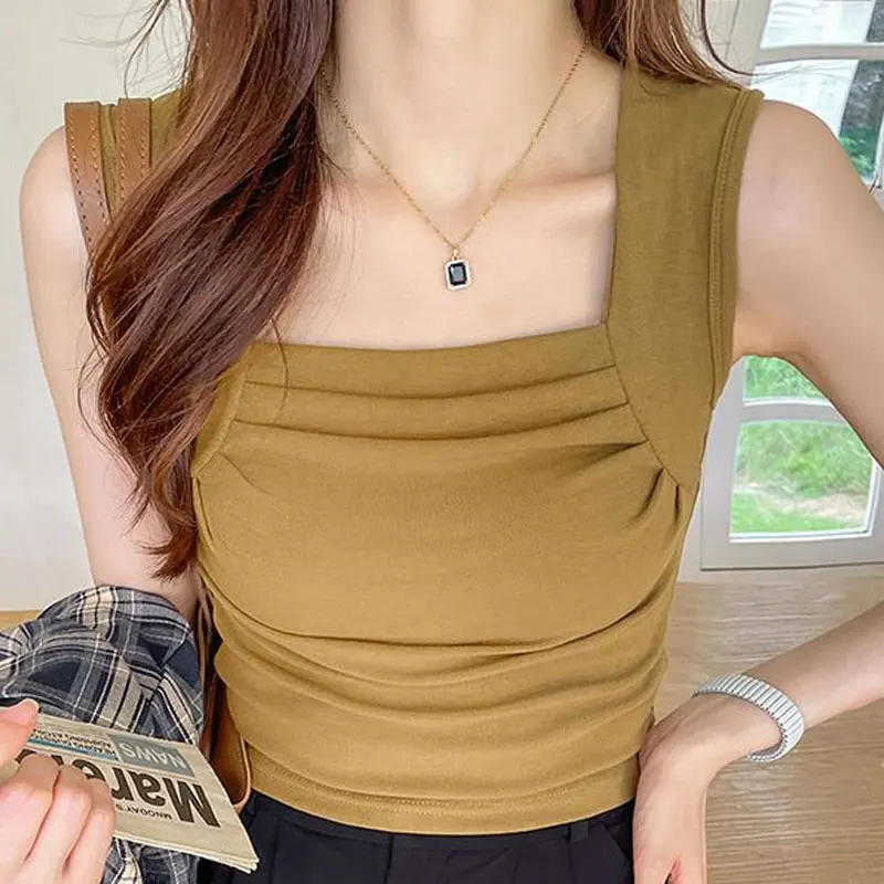 Basic Hotsweet Folds Spliced Tanks Female Clothing Solid Color Pullovers Summer Thin Slim Sleeveless Korean Square Collar Camis