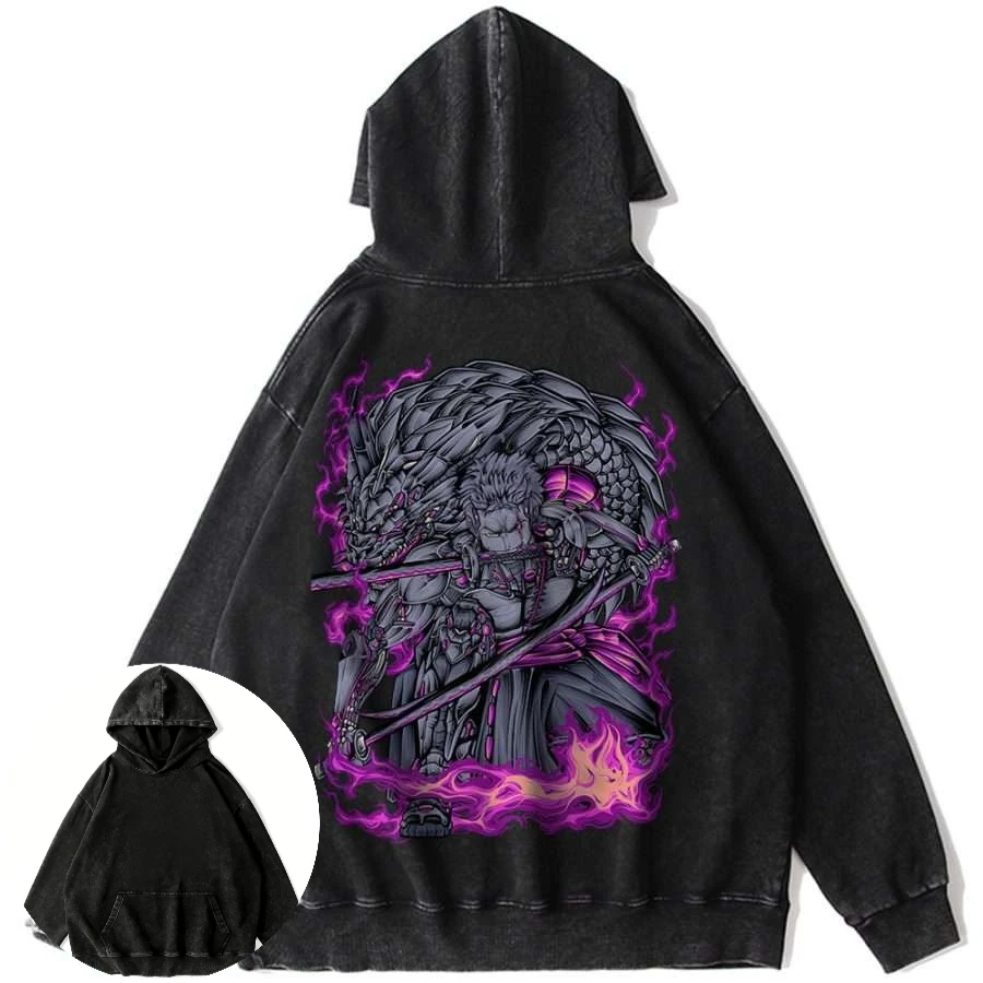 

Men's One Piece Anime Vintage Black Cotton Hoodie with Dynamic Sword Character and Purple Aura Back Print Long Sleeve Sweatshirt