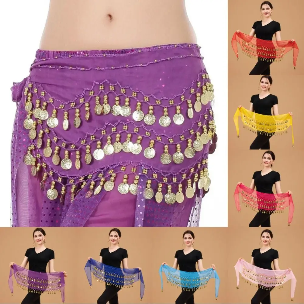 Gold Color Coins Belly Dance Hip Scarf Adjustable Three Layers Bellydance Waist Chain Comfortable Fit Chiffon Material
