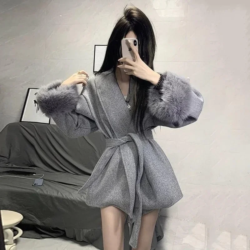 여성용 얇은 울 혼방 코트, 리본 디테일, 짧고 세련된 디자인, 가짜 모피 소매, 가을 겨울용