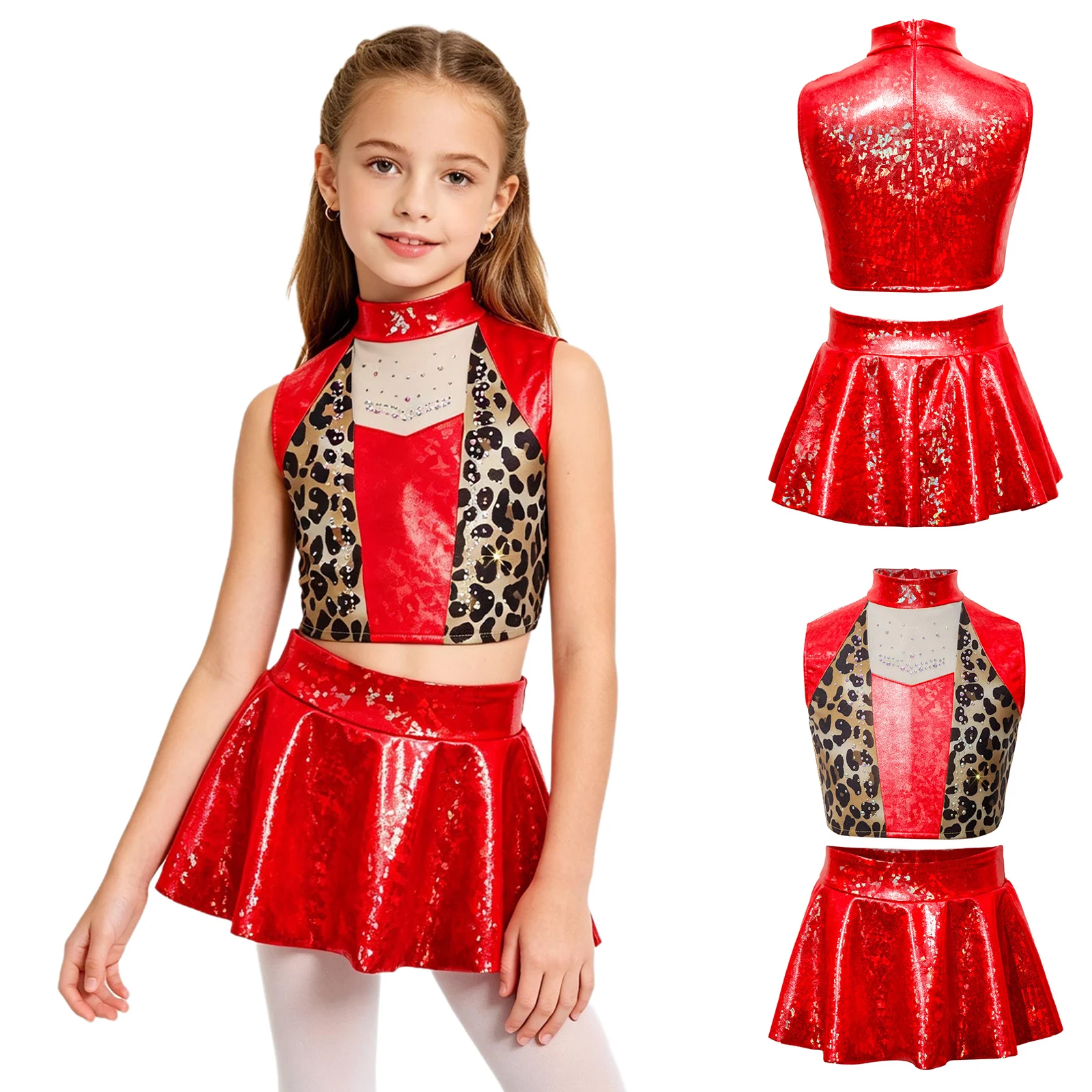 Girls Metallic Gloss Jazz Dance Wear Crop Top and Skirted Bottom Sleeveless Quick Dry Stretchy for Competition Recital