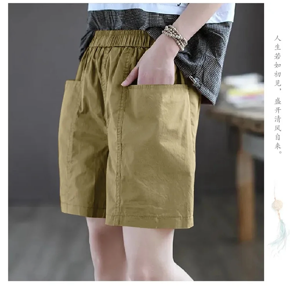 100% Cotton Womens Shorts for Summer Thin Elastic Waist Loose Women Shorts Khaki Black White Casual Short Pants with Pockets