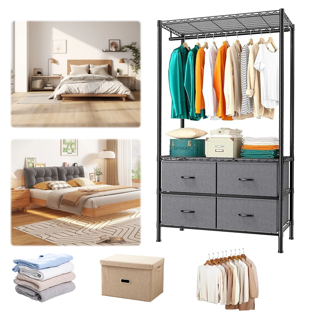 

Metal Clothing Rack with 4 Large Fabric Drawers Clothes Hanging Rack on The Ground Adjustable Shelves Hanging Rack for Bedroom