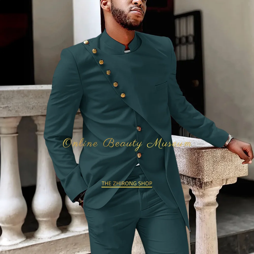 Irregular shaped men\'s 2-piece suit, elegant jacket and trousers with gold buttons, stylish cocktail party dress for men