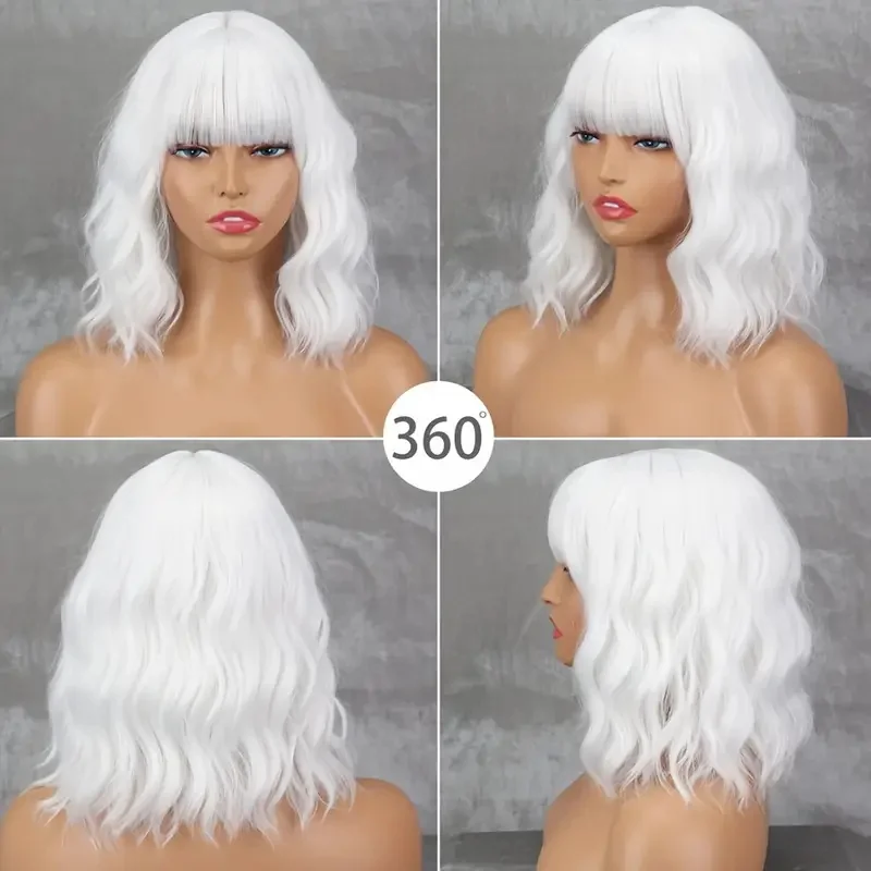 12Inch Women's White Synthetic Wig with Bangs Short Wavy Bob Haircut Layered Curly Ends Natural Look for Cosplay Event Hairstyle