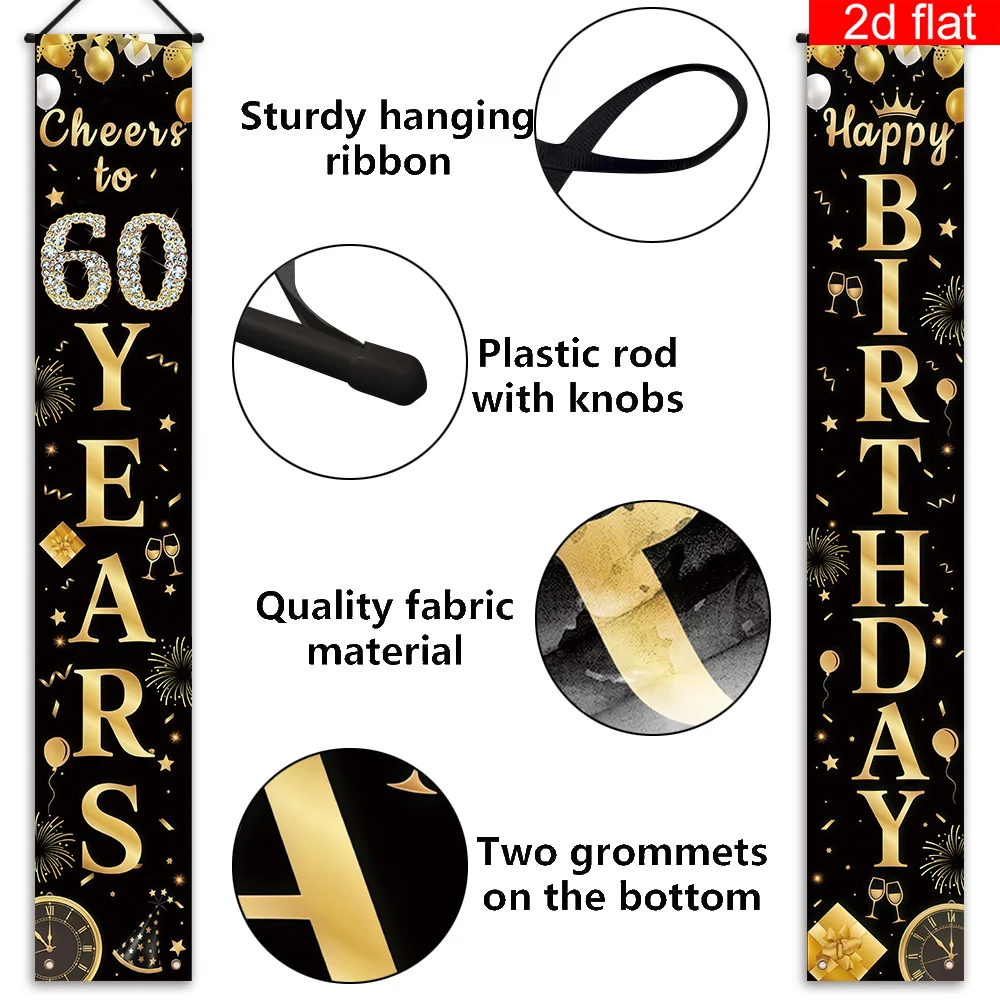 2D-Flachbanner, 2 Stück, 60. Geburtstags-Doppelbanner für die Veranda, Polyester, Design mit schwarz-goldenem Muster, geeignet für Geburtstage – Detail 8