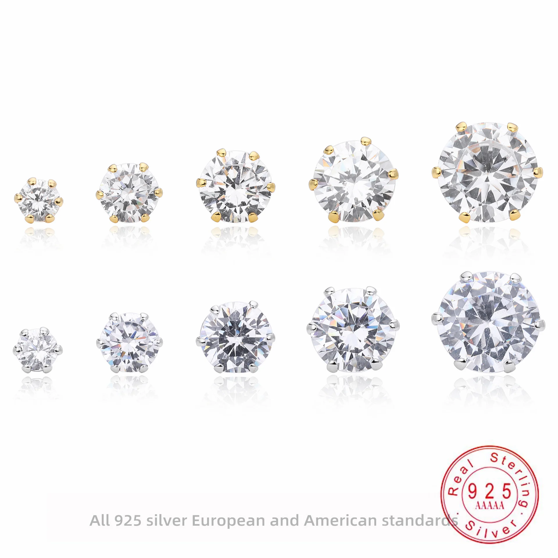 

925 Sterling Silver Stud Earrings - AAA CZ Diamond (Gold/Silver) Hypoallergenic Women Jewelry