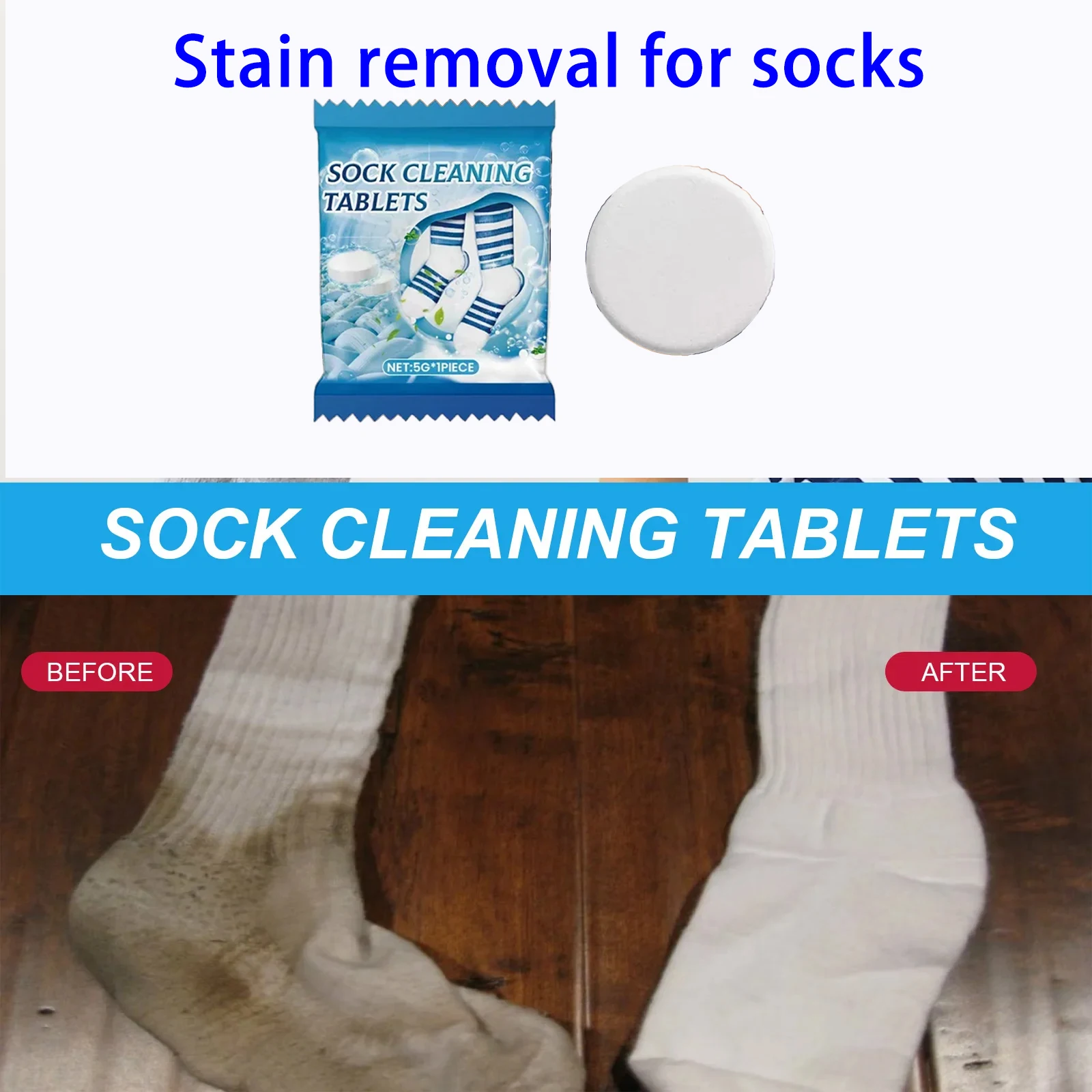 

Powerful Socks Cleaning Tablets - Eliminates Tough Stains & Bad Smells Quickly.