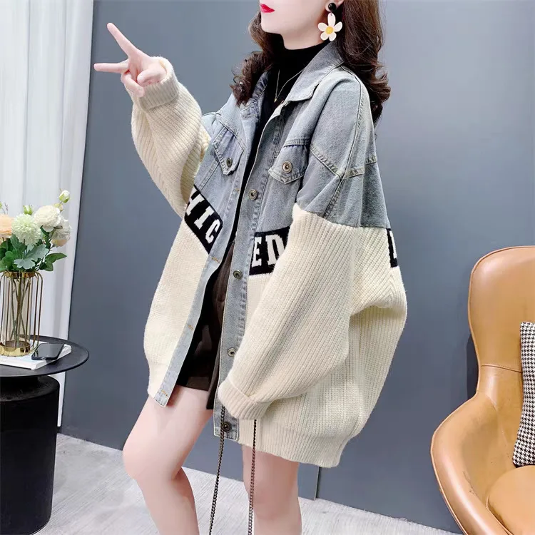 

Cardigan Women Sweaters Denim Coats Thick Casual Loose Jumpers Y2k Streetwear Elegant Splice Knit Open Stith Autumn Winter 2025