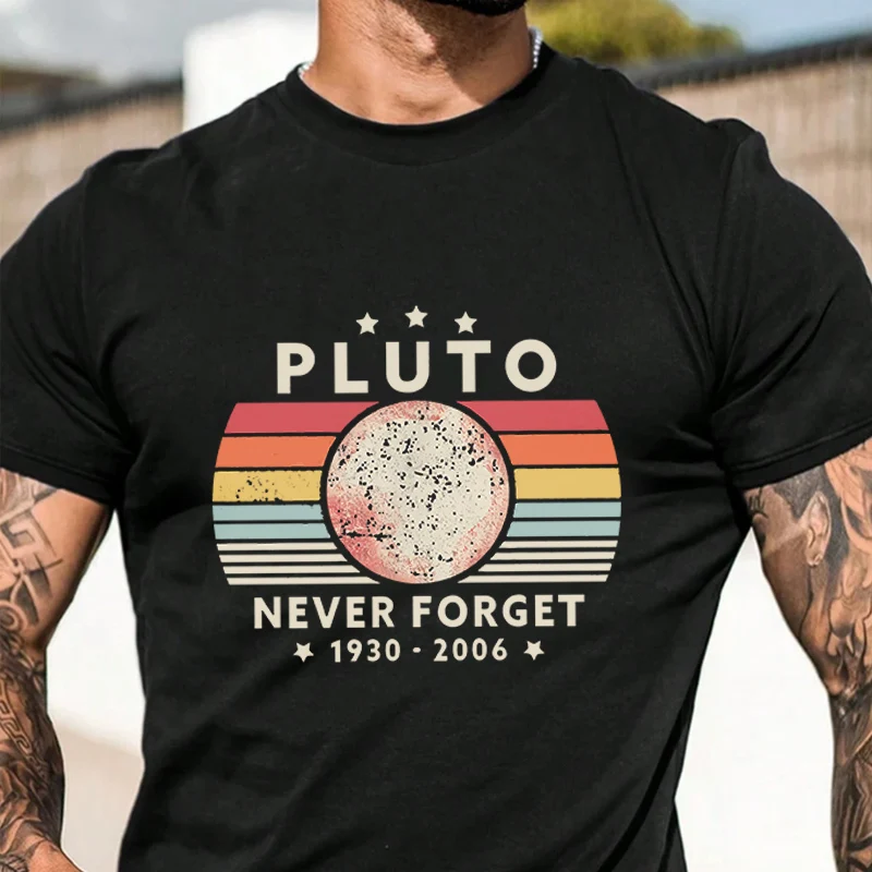 

Tshirts Men's Pluto Letter Pattern Retro Short Sleeve T-shirt Casual Round Neck Top Clothing Size S-3XL