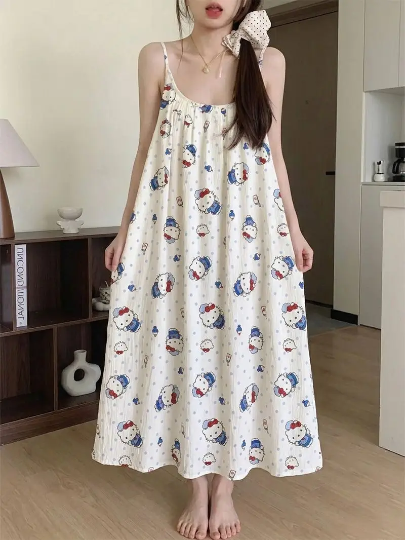 

Hello Kitty Women's Summer Built-in Bra Cami Midi Nightdress Cute Cartoon Print Outdoor-Ready Elegant Sleepwear Loungewear