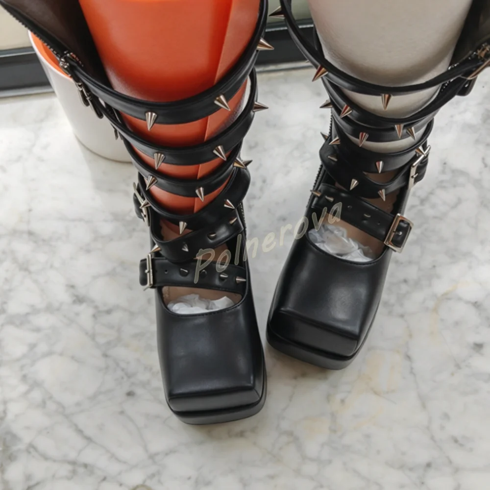 Star Patch Metal Chain Gothic Boots Platform Buckle Straps Lace Up Leather Knee High Boots Chunky Block Heel Punk Women Shoes