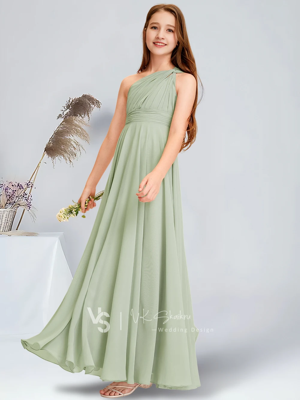 Vestido de dama de honor junior de gasa hasta el suelo con un hombro y corte en A, vestido de niña de flores de celadón para vestidos de novia para baile escolar