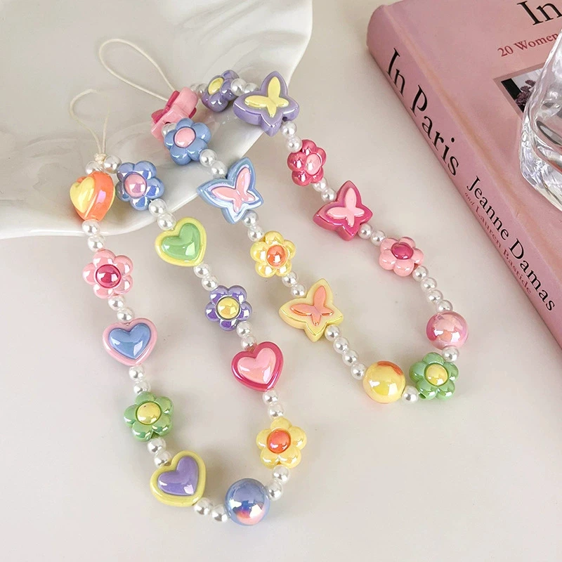 

Милый сердечко-бабочка, красочный брелок с подвеской для телефона из бисера, аксессуары для iPhone, анти-потерянная цепочка, подвесной ювелирный ремешок