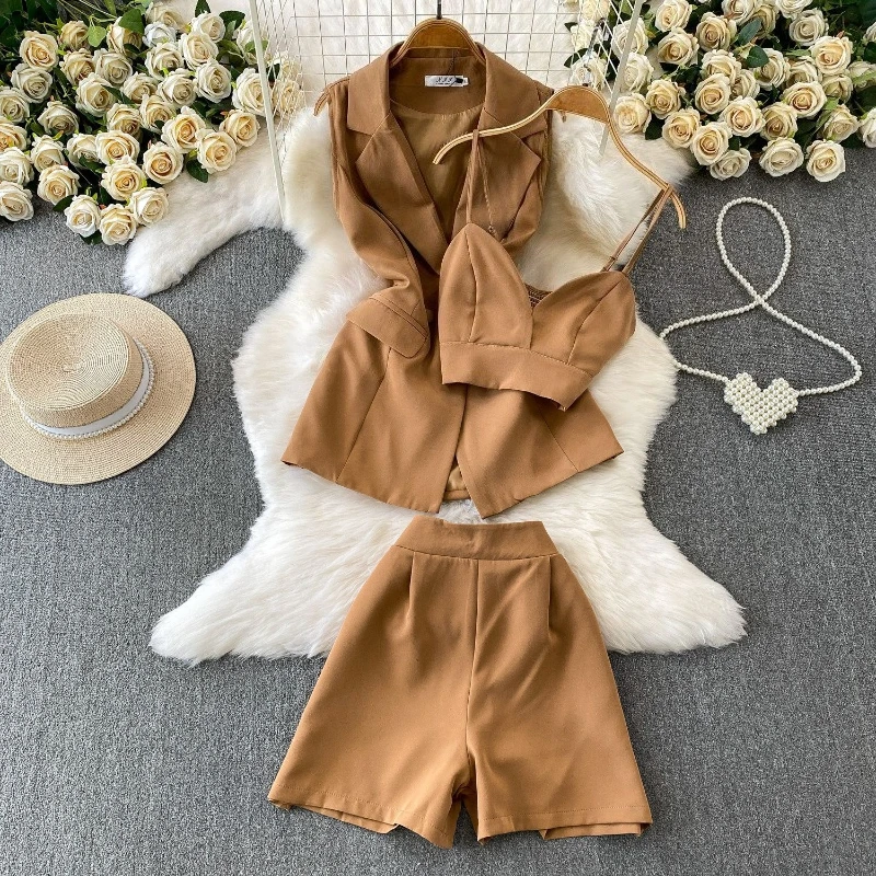 

High-end commuting three piece set women elegant sleeveless jacket+short style camisole vest+suit shorts solid color set