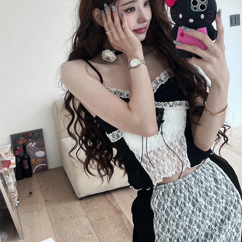 WhereMery Korean Fashion Y2K Lace Two Piece Set with Mesh Perspective Hollow Open Belly Short Top Straight Tube Splicing Skirt