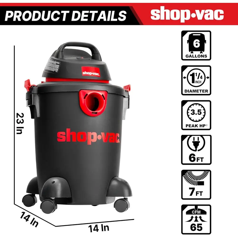 Shop-Vac 5985005 مكنسة كهربائية رطبة/جافة سعة 6 جالون، 3.5 ذروة HP، قطر 1.25 بوصة × خرطوم 7 أقدام، سلك 6 أقدام، مثالية للمنزل، المرآب، و