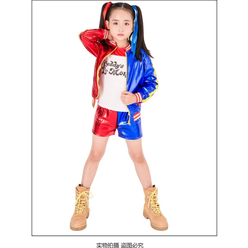 

Girls Harley Squad Monster Shirt Quinn Costume Printed Jacket Shirt Pants Gloves Suicide Cosplay Halloween Parent-child Costume
