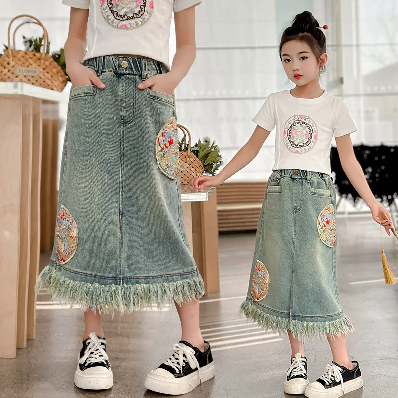 Girls' Summer Short sleeved Set 2024 New Western Style Chinese Style Cowboy Half Skirt Two Piece Set