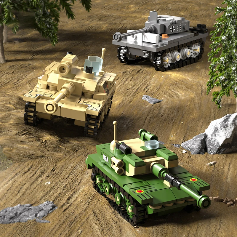 ‌ MOC 99A 메인 배틀 타이거 중전차 M1A2 탱크 3피스 세트, 전쟁 군사 빌딩 블록 모델 브릭 키트 세트 아이디어