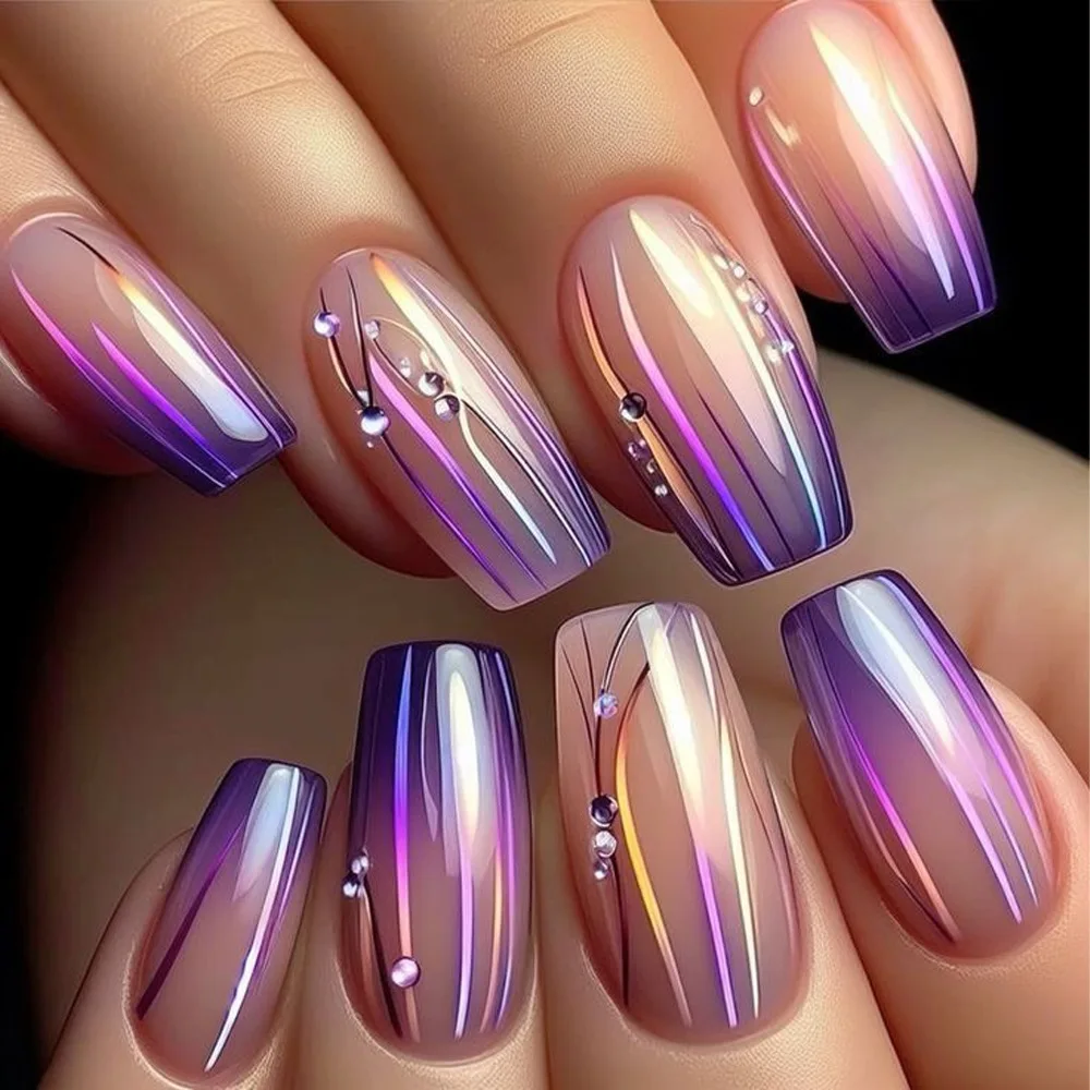 

24pcs Gradient Lines Design False Nails Purple Long Ballet Press on Nails Wearable with Rhinestones Simple Square Fake Nail Tips