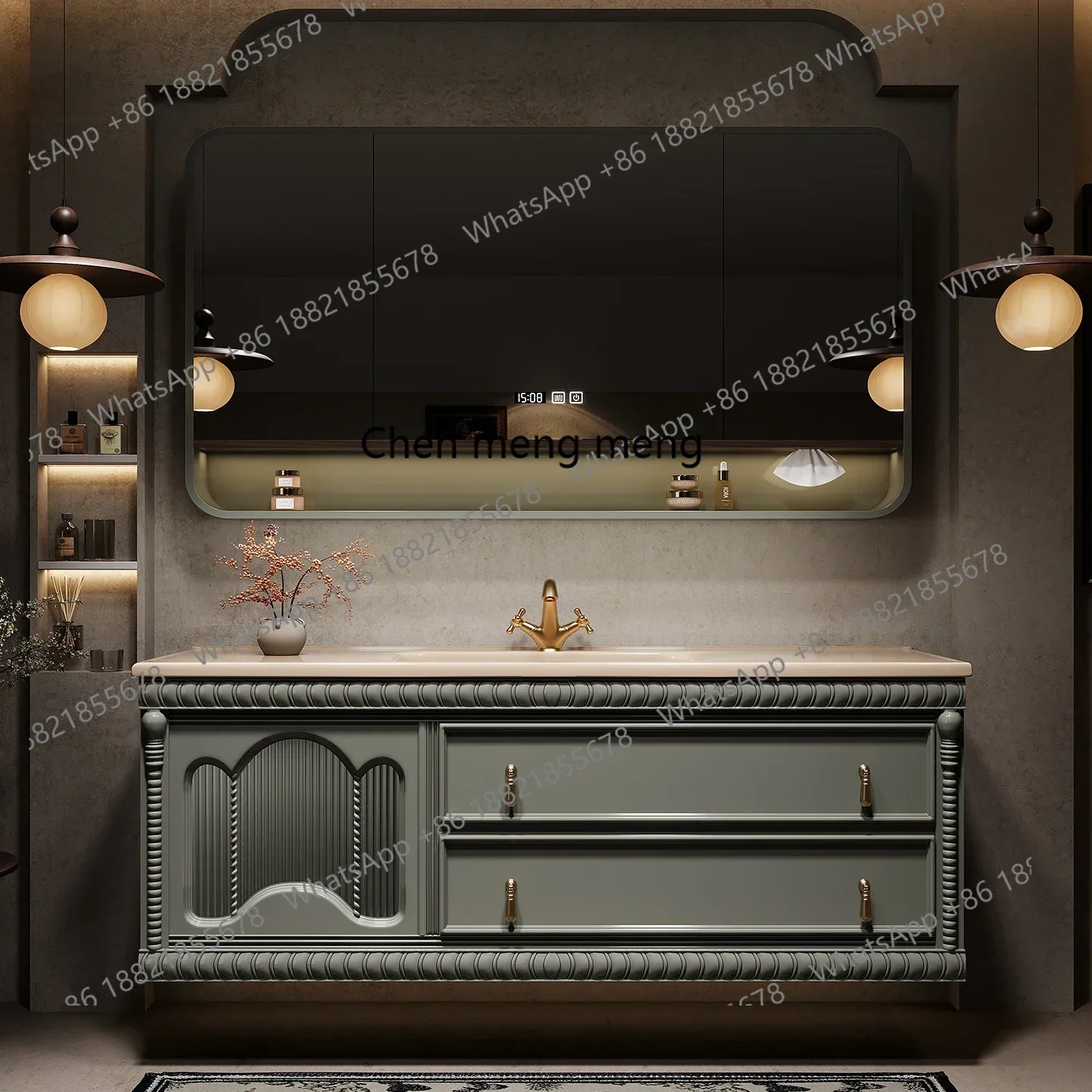 New French retro bathroom cabinet ceramic integrated basin cabinet combined rock slab toilet washstand