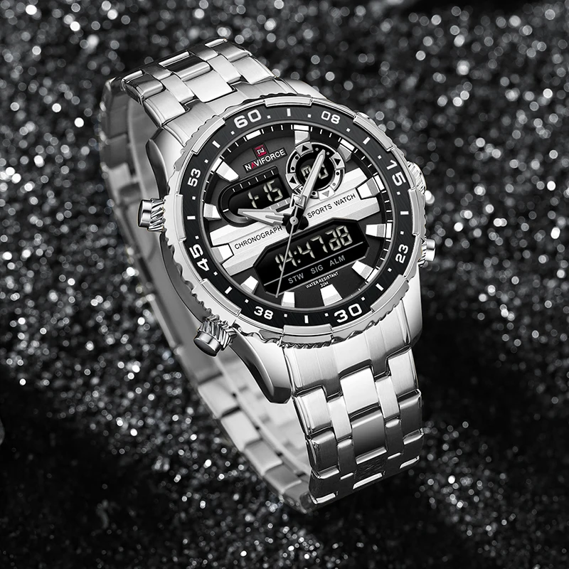 NAVIFORCE ساعات رجالية رجل ساعة 30 متر مقاوم للماء مضيئة الاتجاه الأصلي العلامة التجارية شاشة الكريستال السائل التناظرية الرقمية الكوارتز الذكور ساعة اليد