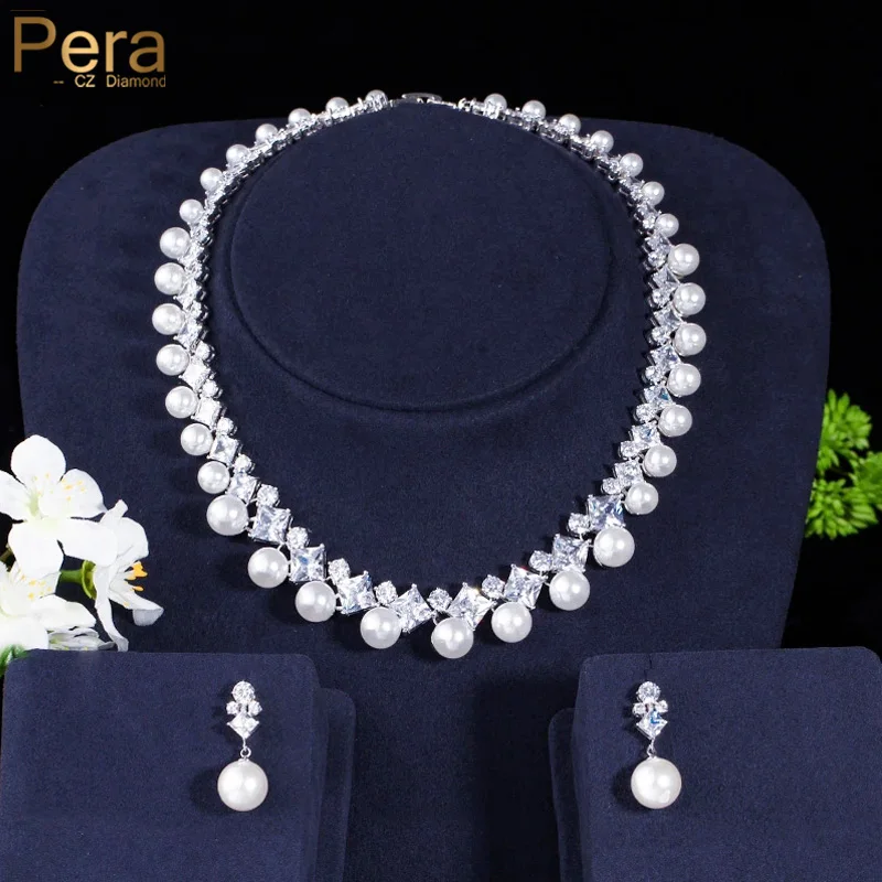 Pera Noble Bridal Wedding Jewelry White Cubic Zirconia Pearl Charm Round Choker Necklace Earrings Set for Brides Party Gift J023