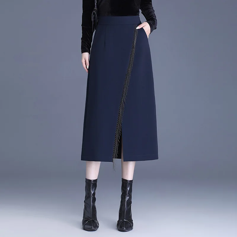 

#1632 Black Blue Irregular Skirt Women Tassel Office Elegant Midi Skirt Ladies High Waisted Split Skirts Womens Spring Autumn