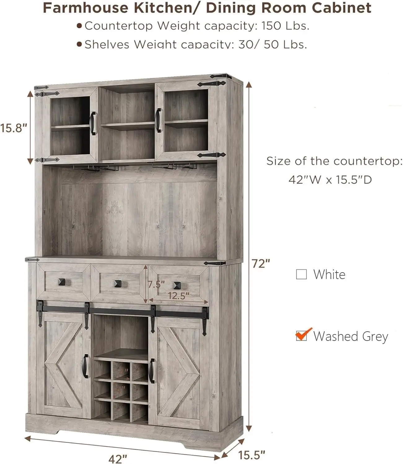 72 in Farmhouse Bar Cabinet with Sliding Barn Door, Tall Kitchen Buffet with Storage Hutch and 3 Drawer, Rustic Coffee Wine Bar