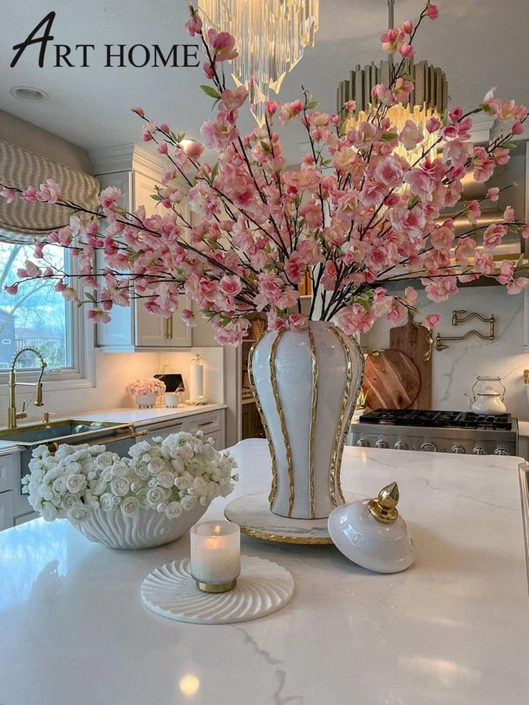 

European light luxury high-end ornament electroplated platinum striped general jar large vase model room living room entrance fl