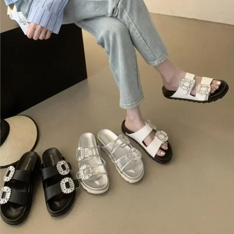 Platform Sandals 2024 Rhinestone Shoes Ladies High Heels Double Buckle Band Slippers Woman Rome Beach Sandalias Casual Slides