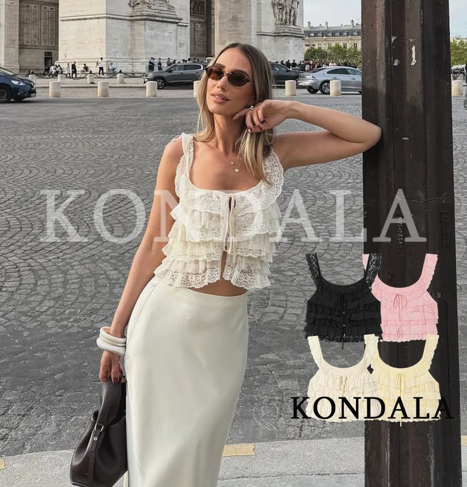 KONDALA Elegante Festtags-Laminier-Spitzenweste für Damen – Sommerliches, trendiges, süßes Camisole – Neu 2026 – Modische High-Street Freizeit-Oberteile für Frauen