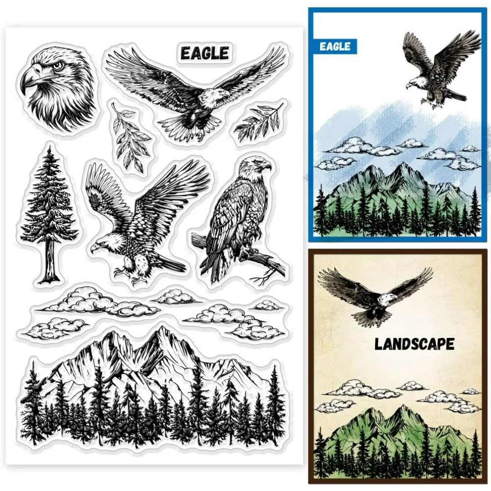 Eagle Landscape Clear Stamps Mountain Peak Forest Scenery Silicone Clear Stamp Seals Leaves Clouds Transparent Stamps