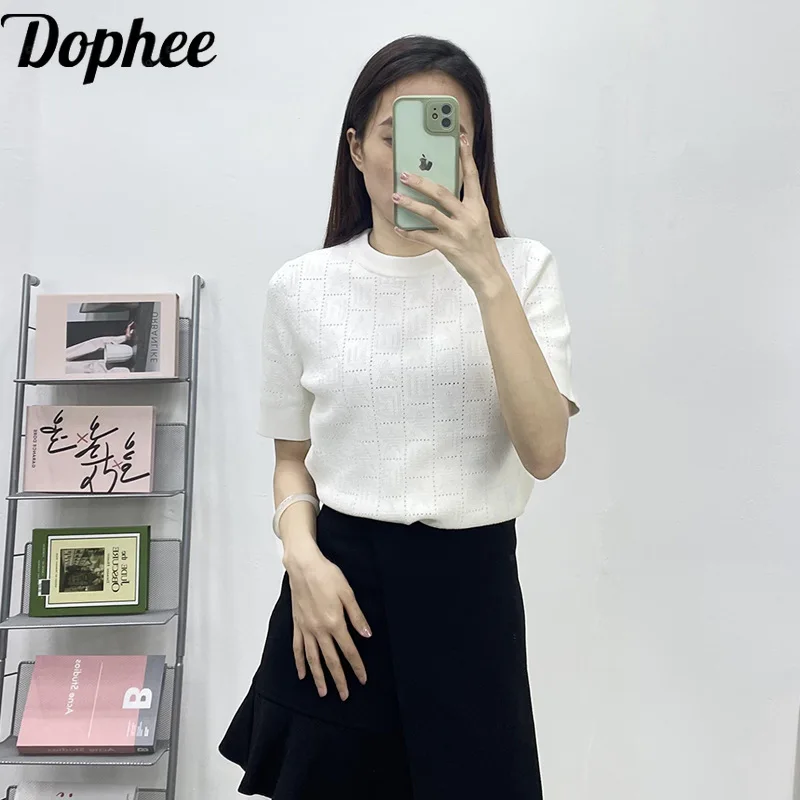 

Dophee 2024 Summer Simplicity All-match Women T-shirt Elegant Short Sleeve Knitted Top Hollow Out Casual O-neck Pullover Sweater