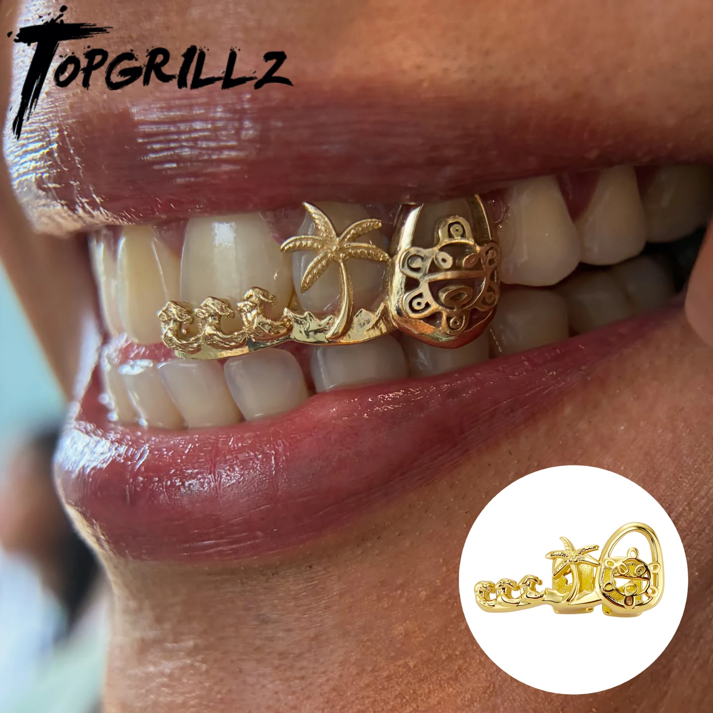 TOPGRILLZ Island Theme 3 Tooth Grillz Gold Plated Boat Palm Tree Turtle Relief Carved Bar Teeth Jewelry Men Women