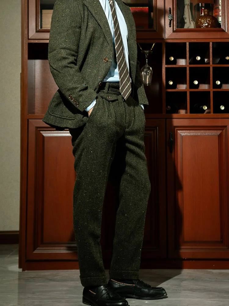 Pantaloni casual invernali da uomo retrò silhouette micro cono pura lana militare verde modello a lisca di pesce pantaloni GURKHA in tweed grossolano