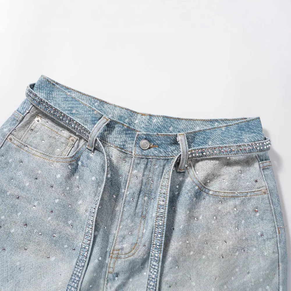شورت جينز هاي ستريت للرجال، سروال فضفاض واسع الساق مغسول مع تصميم الدنيم المطبوع، شورت دينم معلق بالألماس بالكامل