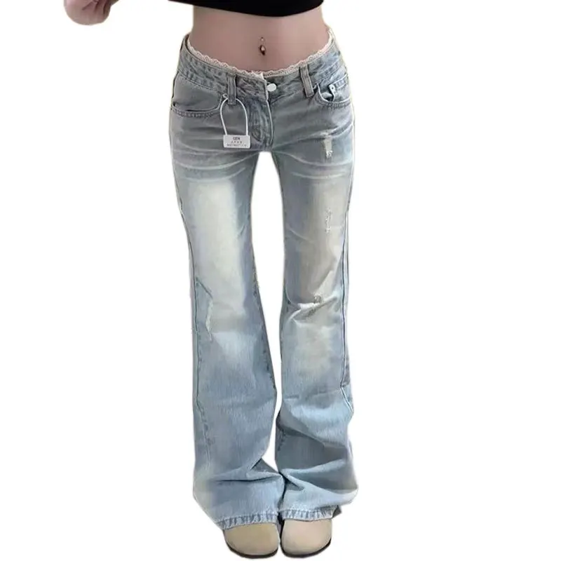 جينز متوهج خفيف للنساء مقاس كبير من الدانتيل منخفض الارتفاع بطول الأرض، سروال سفلي ضيق مناسب للسيدات المتعرجين #5