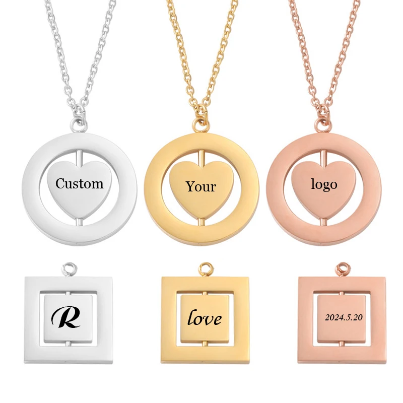 Fashion Rotatable Heart Square Necklaces Custom Name or Logo Charm Pendant Mirror Polished Stainless Steel Jewelry Gift Dropship