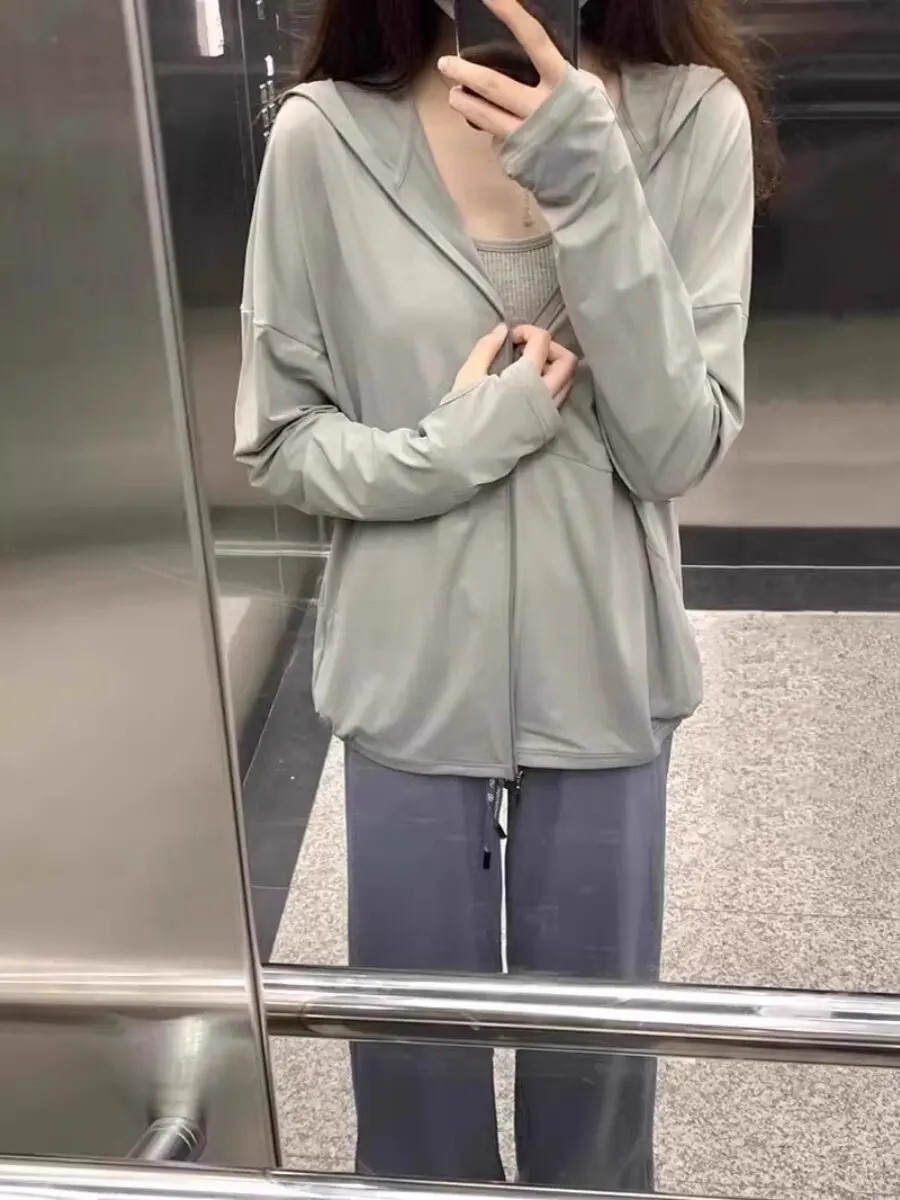 Women's Summer Thin Ice Silk Loose Sun Protection Outerwear Shawl Cape Transparent Design Long Sleeve Hooded Fashionable
