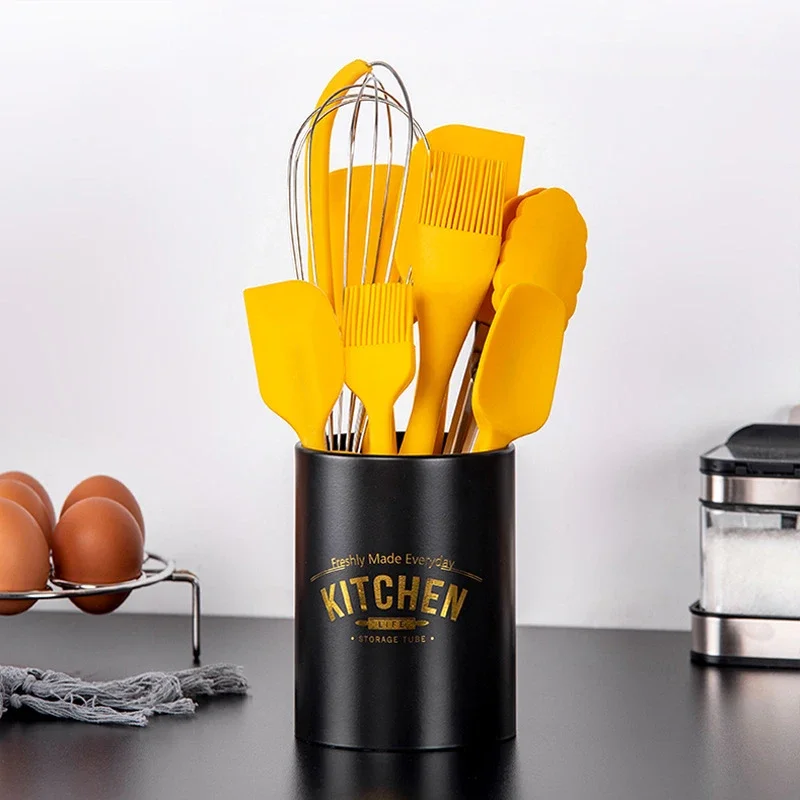 Heat Resistant Silicone Cooking Tools Non-Stick Spatula Turner Tongs Soup Spoon Shovel Oil Brush Storage Box Kitchen Utensils