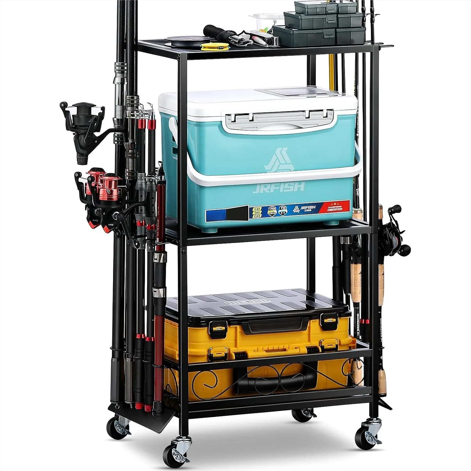 

Fishing Rod Holder for 10 Rods with Adjustable Height, Fishing Gear Organizer Storage Rack for Garage and Basement