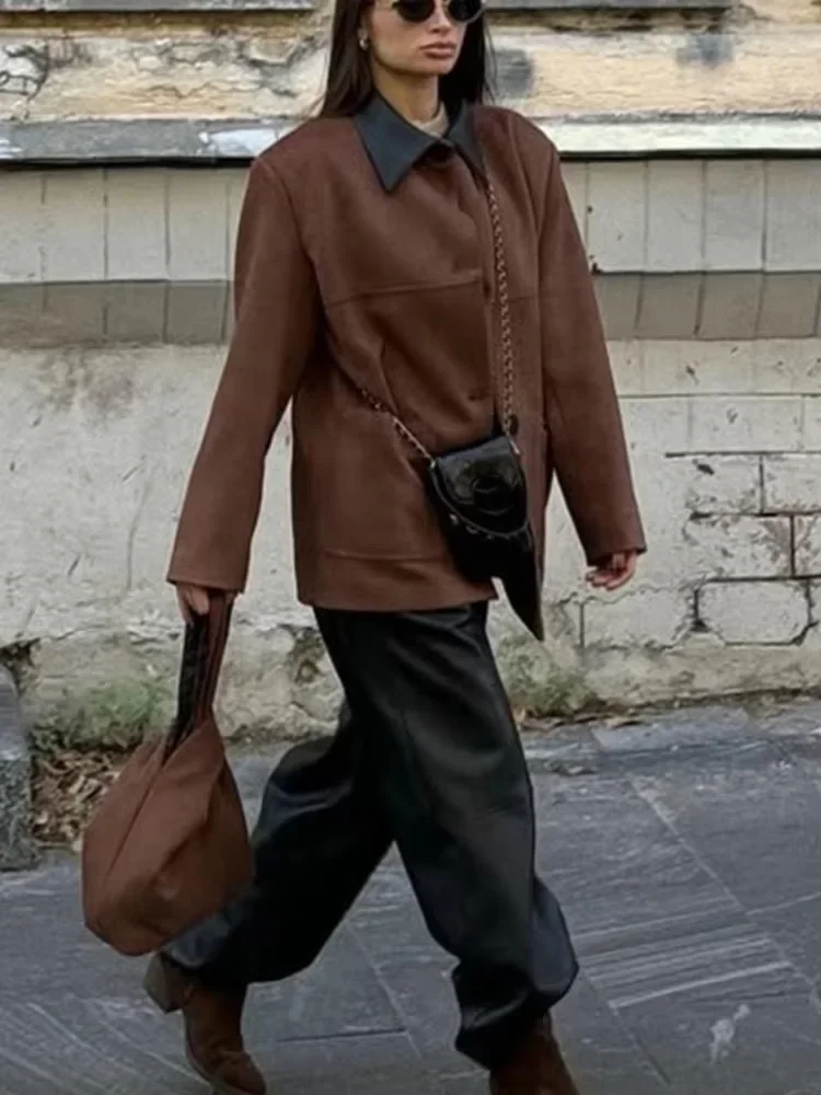 Autumn Casual Pocket Jacket Overcoat Female Retro Splicing Lapel Loose Warm Commute Outwear 2025 New Women's Jackets Coat