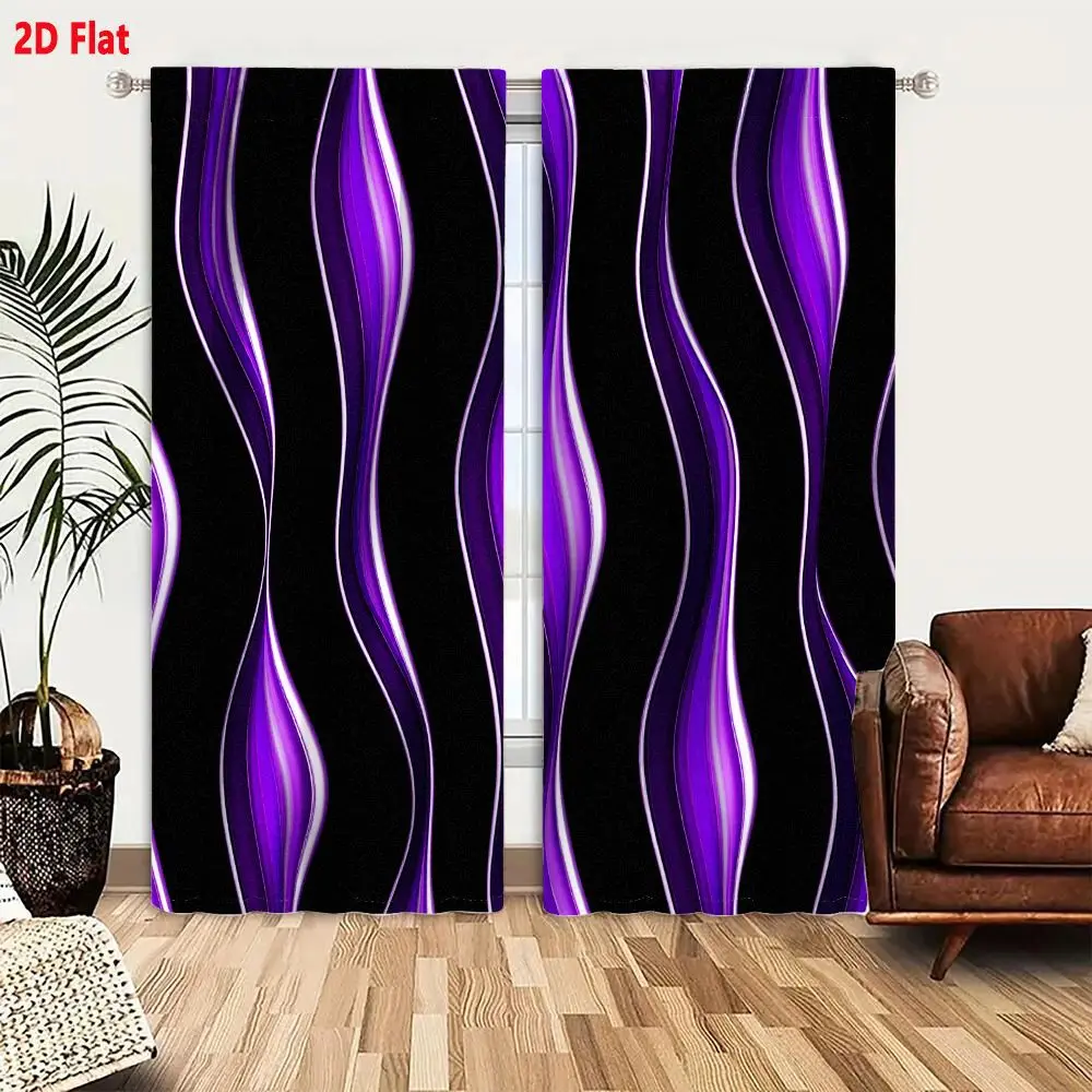 2Pcs Curtains Add 2D Flat Abstract Purple Liquid Ribbons Seamless Pattern On Black Background With White Outlines Window Drapes