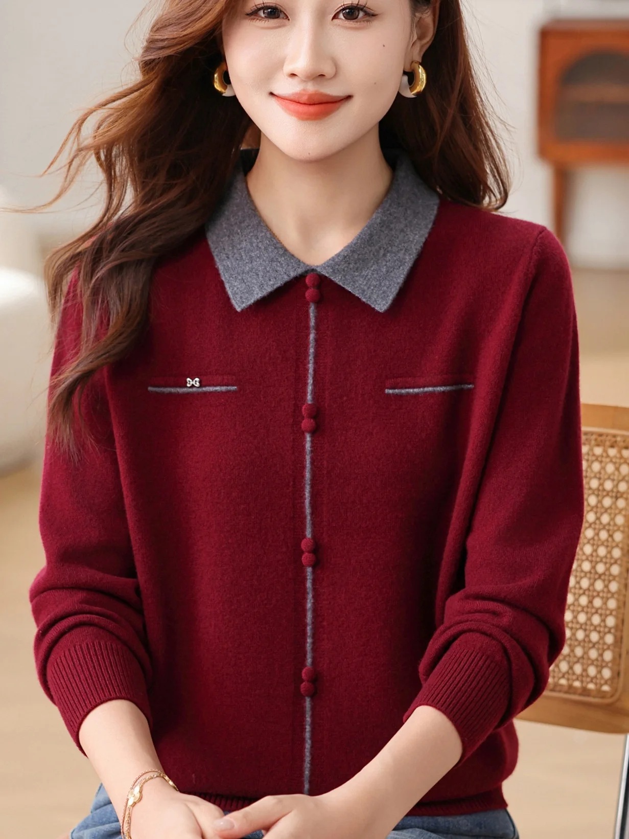 

Ele вязаная шерстяная основа irt, женский теплый свитер среднего возраста Mommy Sle, цветная бровь, полная шерсть, модная повседневная одежда