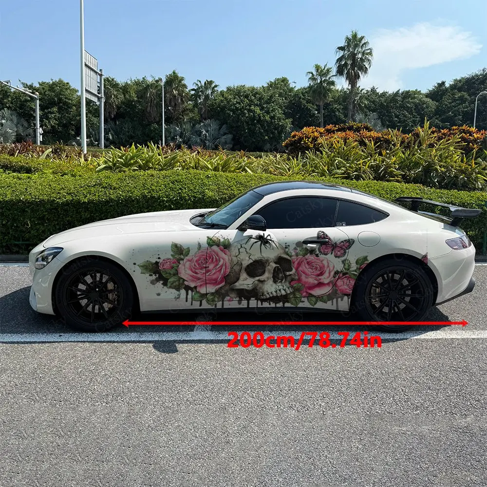 2pcs Splash Skull Blossom Butterflies Car Side Wraps, Self-Adhesive PVC Waterproof & Scratch-Resistant Stickers, Car Accessory