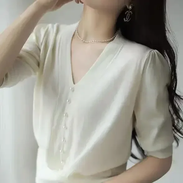 ニットウェア新しいビーズ V ネックニットセーター女性プルオーバー半袖ニットセータープルオーバー女性トップスセーター Feminino G17