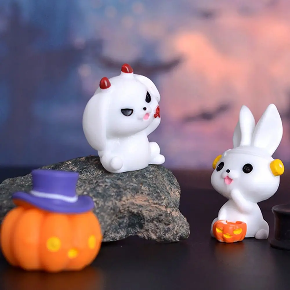 Cartoon Halloween Rabbit Ghost Figurines Pumpkin Black Cat Mini Rabbit Halloween Micro Figurine Resin Craft Cute