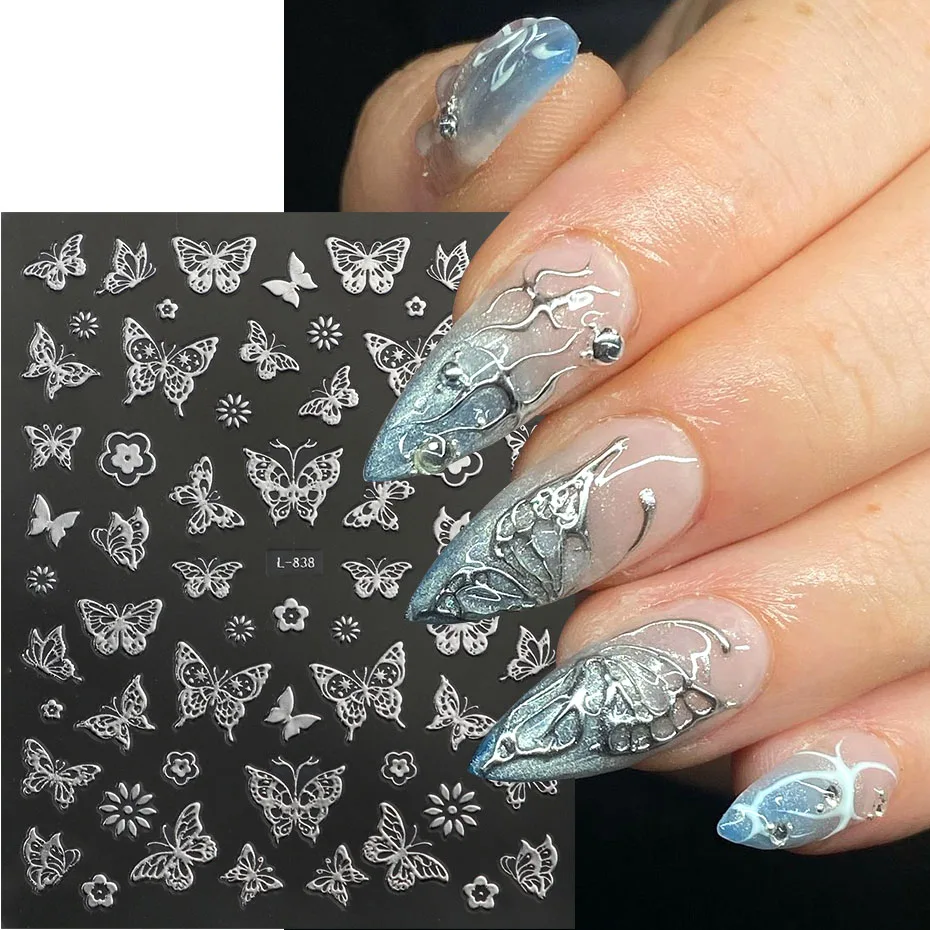 6 قطعة ملصقات أظافر فضية معدنية مجردة لهب النار الطوطم ضوء النجوم Y2K الشارات الربيع فراشة زهرة الورد لاصق ديكور #5